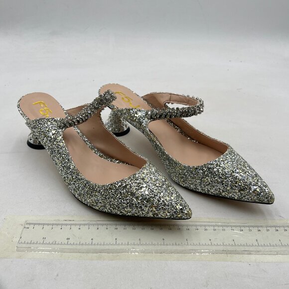 FSJ SIlver Glitter Rhinestone Cone Low Heel Mules Pointed Toe One Strap Sandals - Picture 4 of 8